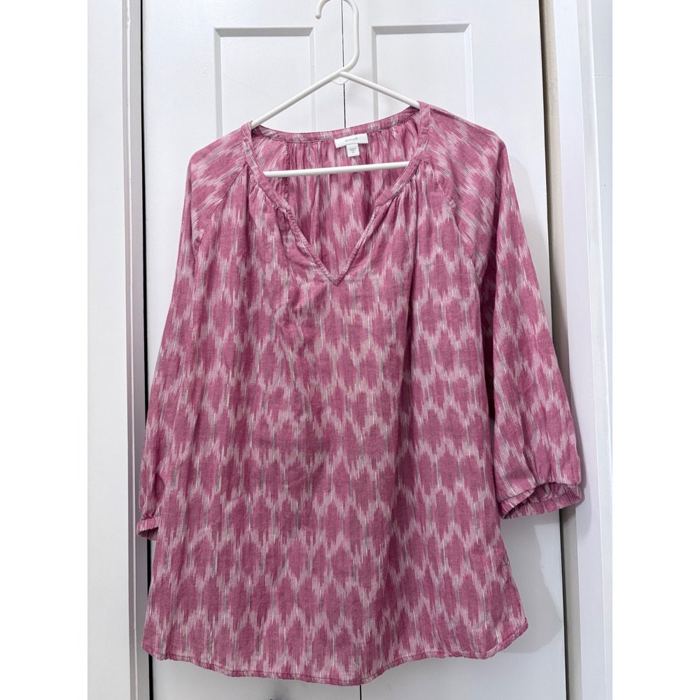 Pure Jill J. Jill Pink Ikat Cotton Tunic Top 2X Split V-Neck 3/4 Sleeve Blouse